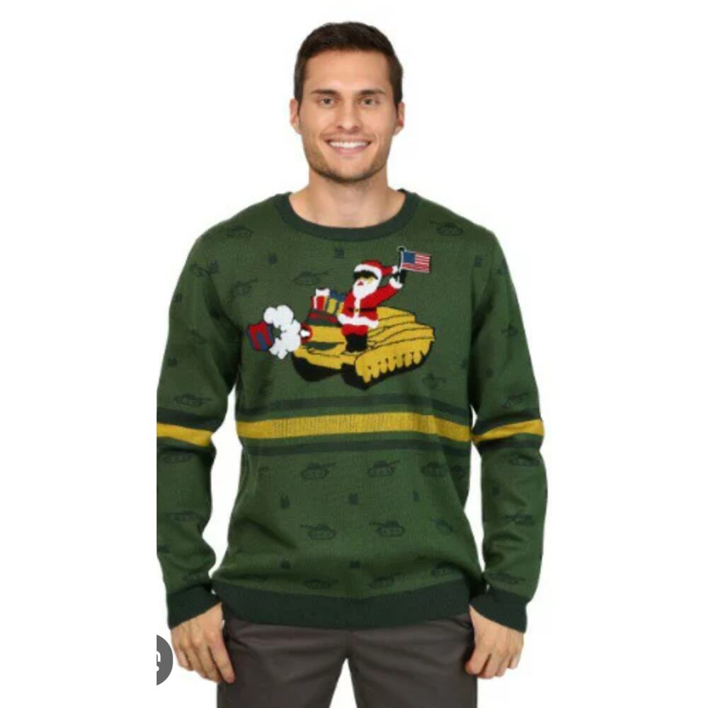 M1091) Santa on Tank Wool Blend  Knit Pullover Ugly Sweater Military Large